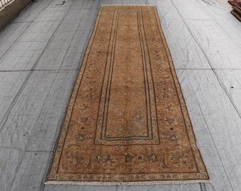 4x13 ft Runner Rug, Brown Gray Afghan Vintage Geometric Rug, Handmade Wool Faded Rug, Antique Distressed Rug, 4x13 Terracotta Kitchen Runner