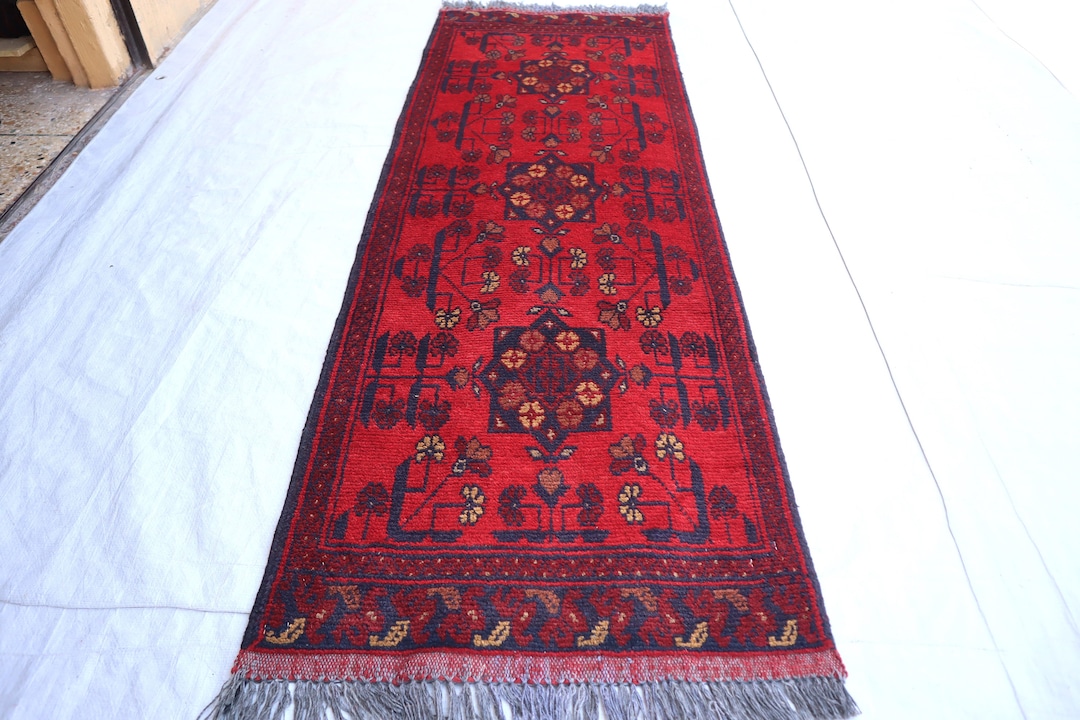1'8x4'10 Ft Afghan Geometric Runner Rug/ Red Turkman Handmade Wool Rug ...
