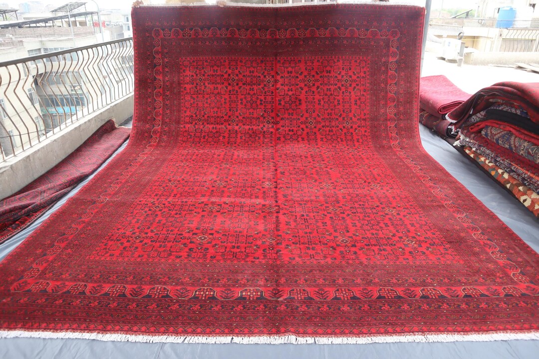 10x13 Tribal Bukhara Rug, Red Black Afghan Hand Knotted Wool Large Area ...