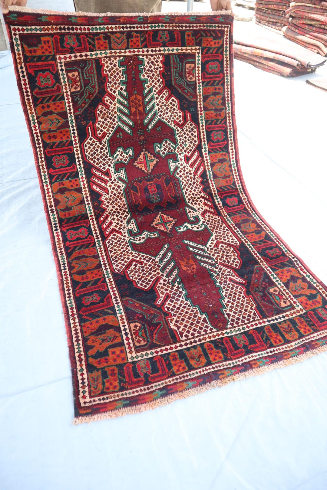 バルーチ　ヴィンテージラグ　1970s代 7x13 大型アフガニスタンヴィンテージバルーチラグ、手編み