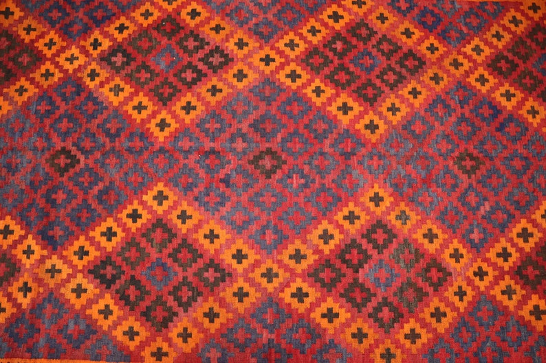 15x10 Large Afghan Kilim Area Rug/ Orange Gray Blue High Quality Rug/ Veg Dye Wool Palace Size