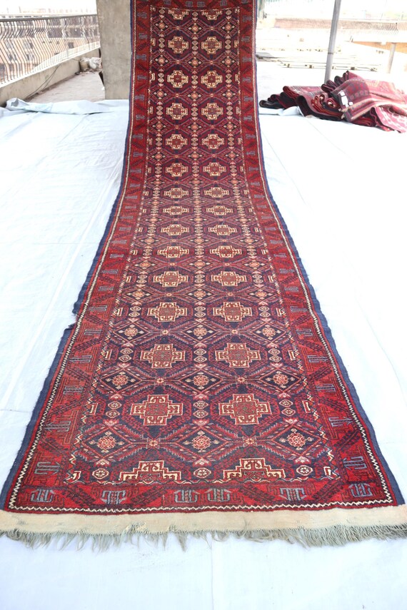 13フィートの長さのネイビーレッドのヴィンテージトルクメンワイド廊下