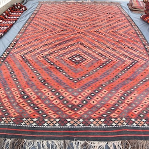 8&#39;8x16&#39;5 ft Antique Red Vintage Kilim Rug, 9x16 ft Extra Large Handmade Wool Rug, Afghan Ghalmoori Geometric Design Rug, Rug For Living Room