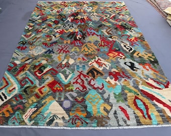 7x10 Colorful Gabbeh Area Rug, Afghan Hand Knotted Veg Dye Wool Rug, Bedroom Rug, Livingroom Rug, Kids Room Rug, Oriental tribal Rug 6'8x9'8