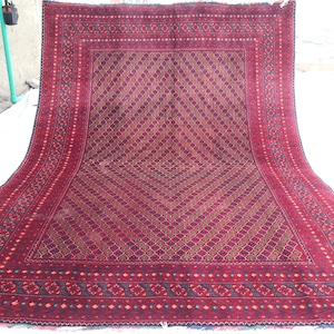 Vintage Bukhara Rug 7x10 Ft Turkoman Oriental Rug- Hand-knotted Wool Rug- Antique Faded Tekke Rug- Maroon Green Area Rug, Bedroom Rug 10x7