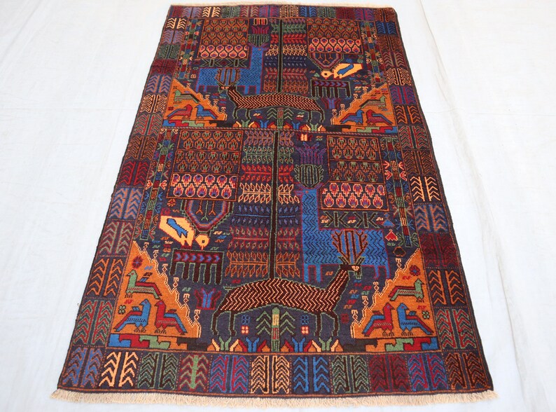 6x4 Vintage Pictorial Area Rug- Birds Hunting Kids Rug- Turkmen ...