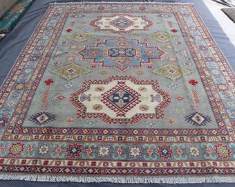 8x10 Soft Grey Beige Handmade Area Rug- Hand Knotted 100% Wool rug- 8x10 Large Floral Bedroom Rug- Antique Tribal rug- Rugs for Living Room