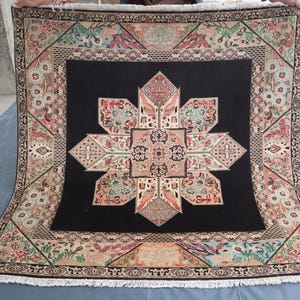4&#39;6x4&#39;8 ft Pictorial Square rug, Vintage Birds Floral Art Deco Rug, Afghan Handmade Antique Oriental rug, Kids Rug, Square Centerpiece Rug
