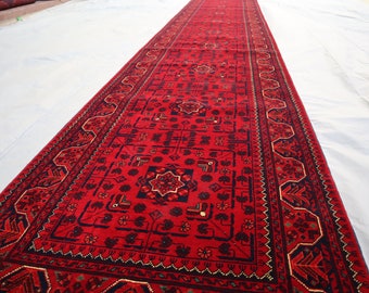 22 Ft Long Afghan Bokhara Hallway Runner Rug- Tukoman Tribal Runner Rug- Long Hall Way Runner- Afghan Red Runner Carpet- Corridor Runner Rug
