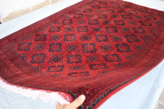 Vintage Red Afghan Rug 6.8x9.9 Ft/ Large Afghan Bukhara Area Rug/ Turkman Hand Knotted High Pile Soft Wool Rug/ Turkmen Oriental Rug 300x200