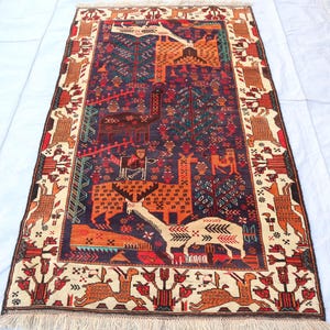 4x7 Handmade Pictorial Rug- Navy Blue Beige Afghan Vintage Baluchi veg dye Soft Wool Rug Oriental Rug- Home decor- Animal Patterned Kids Rug