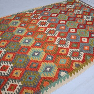 Fine 7x10 Kilim Rug, Afghan Handmade Flatweave Area Rug, Turkmen Handwoven Rug- Geometrical Design Rug- Reversible Bedroom Rug- Kitchen Rugs