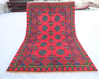 3 x 4 Ft Vintage Turkman Ersari Teppich, Grüner Magenta Kinderteppich, Boho Teppich, Handgesponnener Wollteppich, Schlafzimmer Eingangsbereich