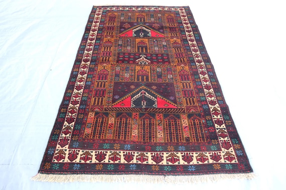 3'7x6'0 Ft Afghan Antique Tribal Baluch Rug, Handmade Wool Beige