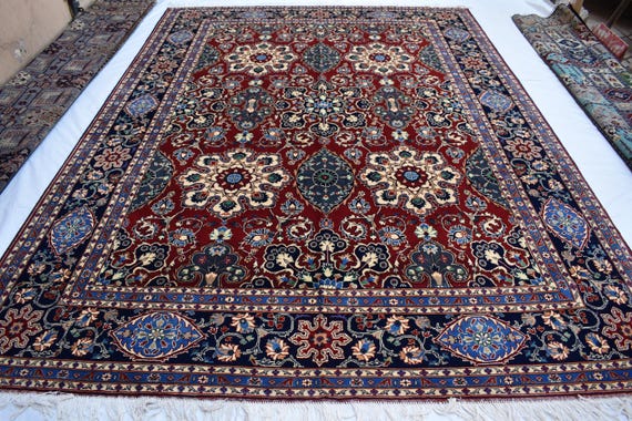 8'3x11'3 ft, Navy Red Afghan Handmade Caucasian Style rug / Vintage Look Turkish Heriz Rug / Oriental Rug / Living Room Rug 8x11 Office Rug