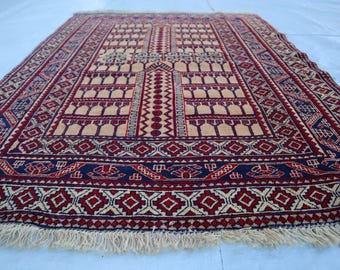 3'8x5'0 ft Vintage Turkmen Nomadic Parda Rug / Beige Red Afghan