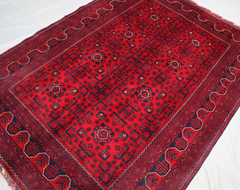 Alfombra afgana roja auténtica de 1,74 x 2,44 m (5,7 x 8,0 pies) - Alfombra tribal de lana hecha a mano - Alfombra oriental Bokhara - Alfombra para dormitorio - Alfombra para sala de estar - Alfombra roja afgana