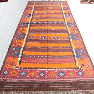 Alfombra de pasillo de 1,73 m x 4,16 m de ancho, diseño geométrico vintage, tejido plano, lana tribal en tonos rojo, naranja y morado, estilo afgano oriental, estilo bohemio.