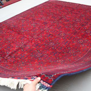 May include: A red and blue patterned rug with a white fringe. The rug is folded in half and is being held by a hand.