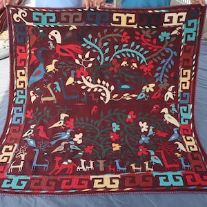 Ozbek Suzani 5&#39;8x5&#39;10 Ft- Bohemian Style Hand Embroidered Wall Decor Rug- Pictorial Suzani Rug- 6x6 Aesthetic Kilim Rug-Home Décor Bed Throw