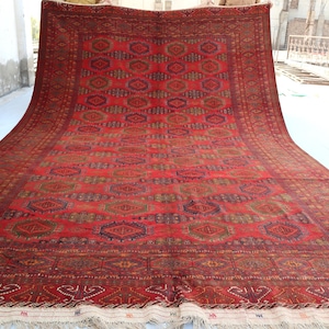 Large Afghan Rug 8x12 Ft- Fine Quality Hand Knotted Vintage Wool Rug- Tekke Turkoman Oriental Bokhara Rug- Living Room Rug Bedroom Wool Rug
