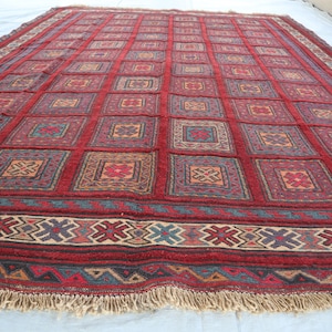 6&#39;5x9&#39;3 ft Afghan Vintage Wool Rug- Turkmen Hand-knotted Tribal Living Room Rug- Burgundy Oriental Rug- Dining Table Rug Kitchen Bedroom Rug