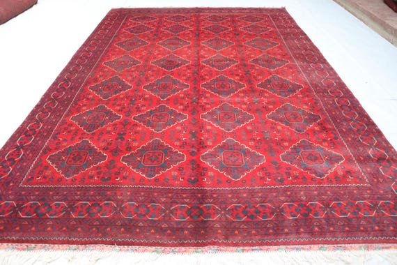 1980's Vintage Rug 8x11 ft Turkmen Tribal Geometric Rug, Hand Knotted Afghan Wool Rug, Living Room Rug, Vintage Burgundy Rug- Home Décor Rug