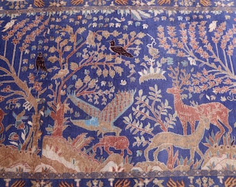 4x7 Ft Piece Of Art Pictorial Rug, Rare Find Hand Knotted Antique Rug, 100% Hand Spun Wool Afghan Rug, Navy Bohemian Décor, Wall Hanging Rug