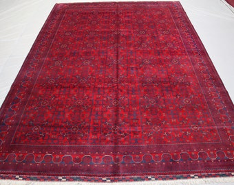 10x13 Ft Large Bokhara Oriental Rug- High Pile Soft Wool Afghan Hand Knotted Rug- Turkoman Tribal Oversize Red Rug- Large Living Room Carpet