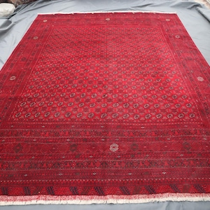 8x11 Large Afghan Area Rug- Vintage Turkmen Rug- Fine Handmade Bokhara Wool Rug- Red Oriental Rug- Authentic Living Room Bedroom Rug 8x11 ft