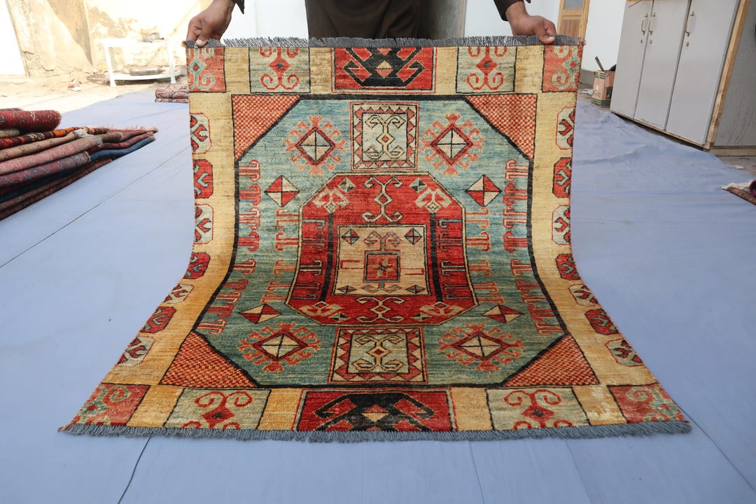 4x4 Ft Square Rug, Light Blue Beige Afghan Handmade Rug, Organic Dyes ...