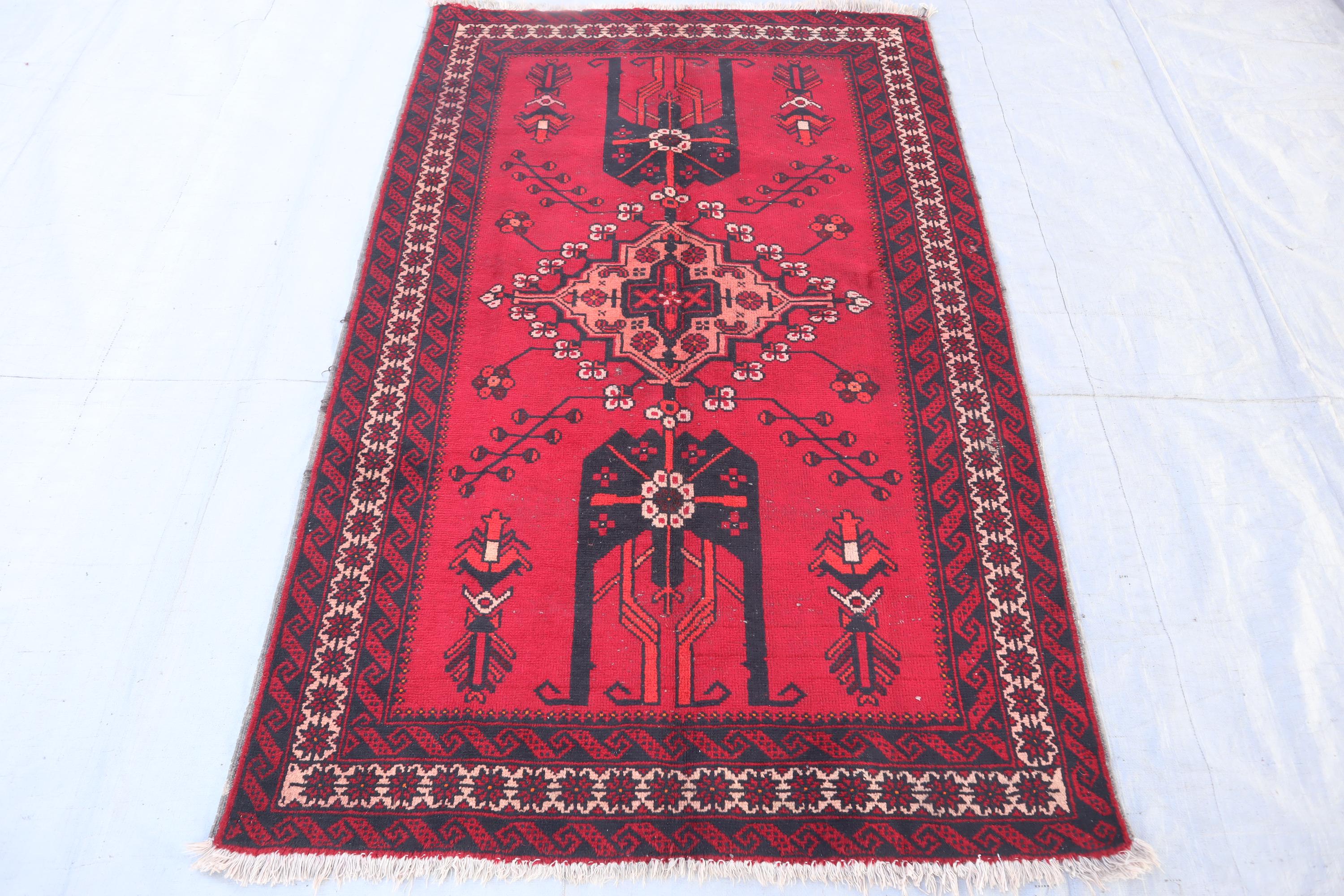 4'0x6'4 Ft Antique Caucasian Rug, Deep Red Black Handmade Wool Rug