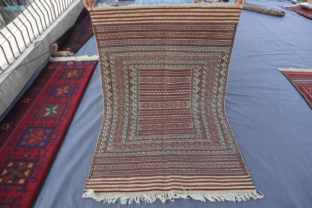 Afghan Sumak Kilim Rug 3'5x4'8 Ft - Beige Turkmen Handmade Wool