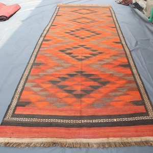 Alfombra Kilim Vintage de 1,40 m x 3,78 m, color óxido antiguo, geométrica, naranja, roja y negra, de tejido plano, afgana, hecha a mano, estilo bohemio, de 1,5 x 3,6 m de ancho.