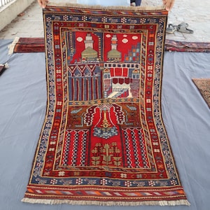 3x5 ft Red Vintage Afghan Prayer Rug - Turkmen Traditional Prayer Mat 95x160 cm Antique Bukhara Rug- Oriental Turkmen Rug- Handmade Wool Rug