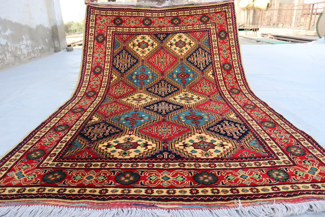 Geometric Pattern 4x6 Fine Afghan Rug- Multi Color Turkman Ersari Hand ...