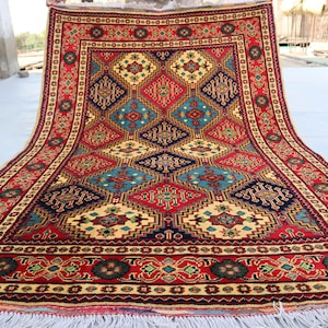 Geometric Pattern 4x6 Fine Afghan Rug- Multi Color Turkman Ersari Hand Knotted Rug- Bokhara Tribal Entryway wool Rug-Soft Wool Pile Area Rug