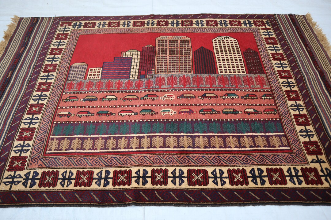 4'6x7'0 Ft, Buildings Cars Patterns Handmade Art Rug, Afghan Natural ...