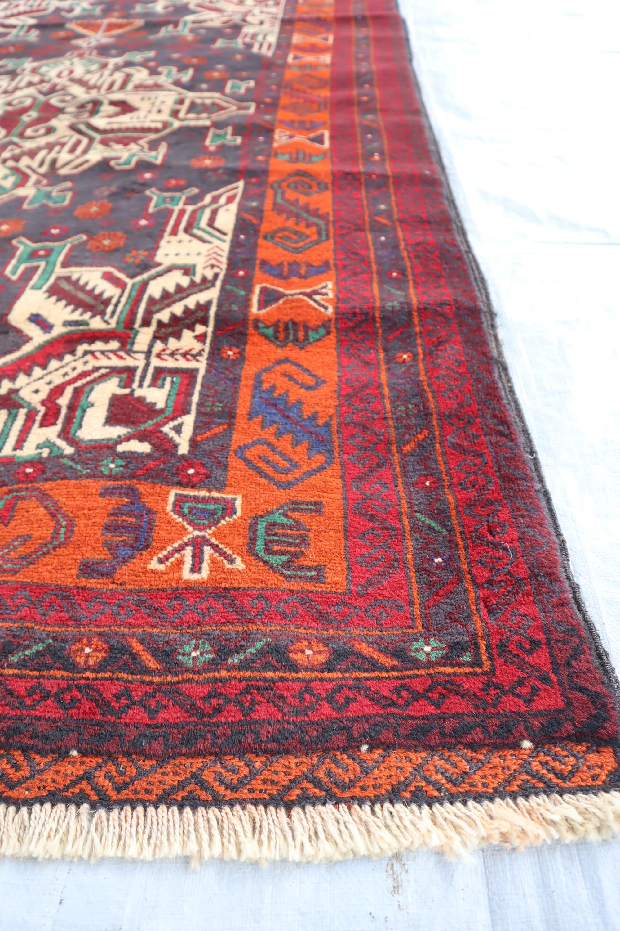 4'5x7'0 Ft Afghan Red Gray Vintage Turkmen Handmade Wool Area Rug