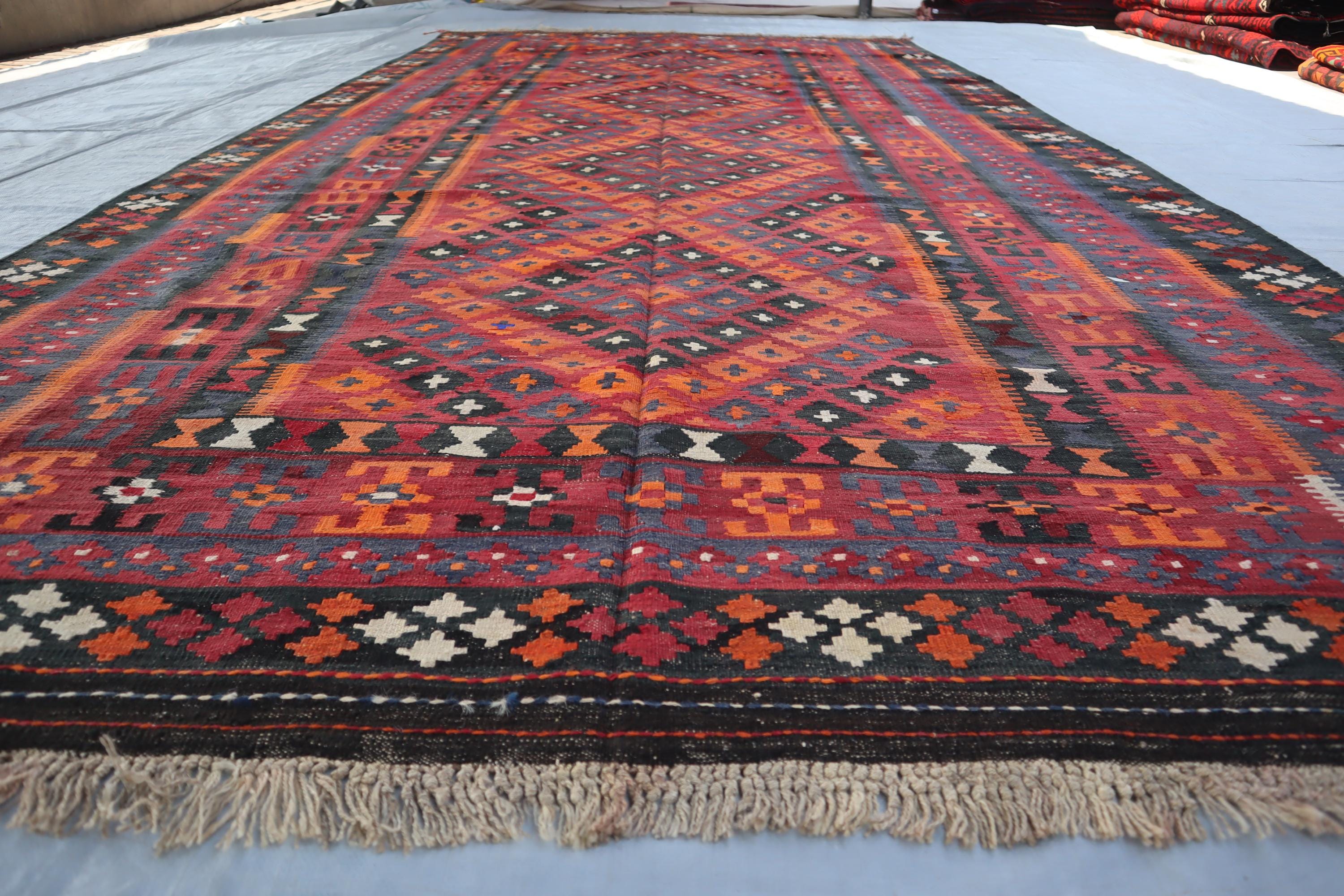 7'6x15'0 ft ヴィンテージキリムラグ、バーガンディオレンジアフガン