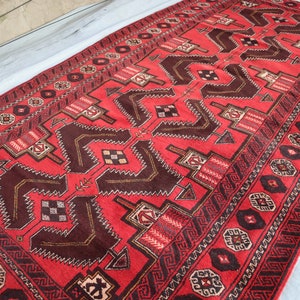 Antique Rug 4&#39;5x8&#39;8 ft Red Black Afghan Handmade Soft Wool Pile Rug, Oriental Turkmen Baluch Rug, Tribal faded Caucasian Rug Kitchen Rug 5x8