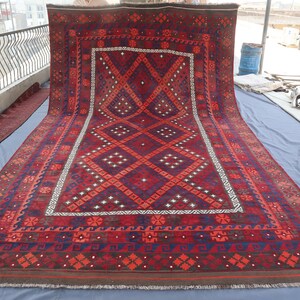 Afghan Oversized Kilim Rug 8&#39;4x14&#39;0 ft- Red Black Flatweave Geometric Rug- Natural Vege dyes Wool Reversible Rug - Rugs for Living room 8x14