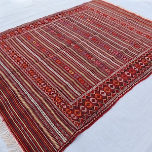 4&#39;5x6&#39;3 Red Vintage Striped Design Kilim Rug, Natural dyes Afghan Handmade Wool Soumak Rug, Oriental Area Rug, Antique Turkmen Tribal Rug