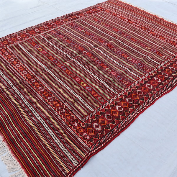 4'5x6'3 Red Vintage Striped Design Kilim Rug, Natural dyes Afghan Handmade Wool Soumak Rug, Oriental Area Rug, Antique Turkmen Tribal Rug