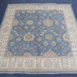 6x6 Square Oushak rug, Blue Beige Afghan Handmade Rug, Natural dyes Wool Floral design Ziegler Rug, Tribal Area Rug, Bedroom Rug Centerpiece