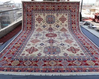 10x14 Afghan Hand knotted Kazak Rug, Top Quality Beige Red Natural Veg dyes Serapi Rug, Oriental Rug, Living Room Rug, Boho Dining Room Rug
