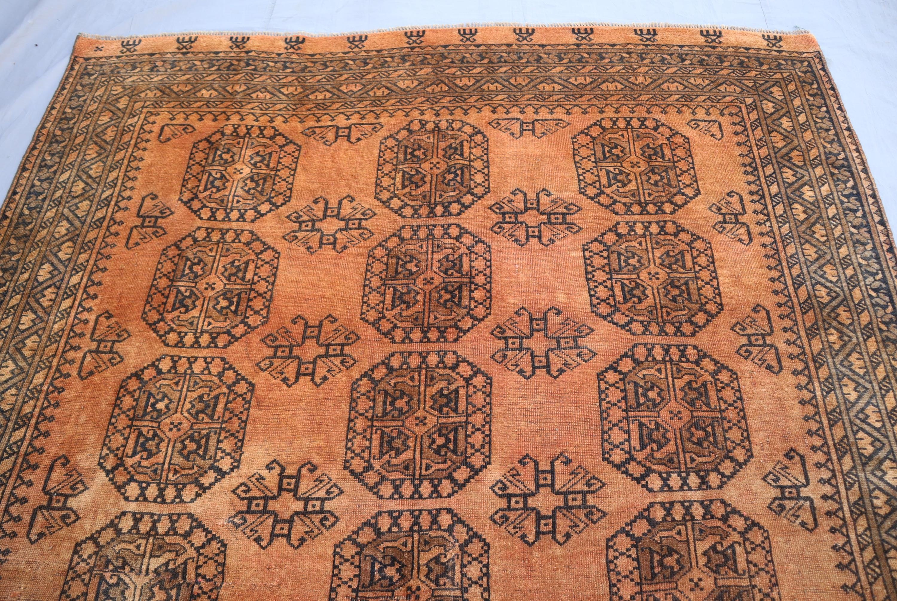 1970s Antique Turkmen Bokhara Rug 6'10x9'3 Ft Terracotta Vintage