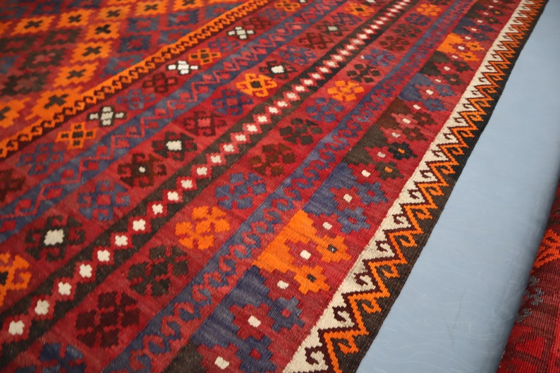 15x10 Large Afghan Kilim Area Rug/ Orange Gray Blue High Quality Rug/ Veg Dye Wool Palace Size