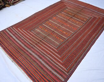 Vintage Faded Sumak Rug 7x10 ft Antique Bokhara Soumak Kilim Rug - Afghan Handmade Flatweave Tribal Rug - Turkmen Fine Quality Geometric Rug