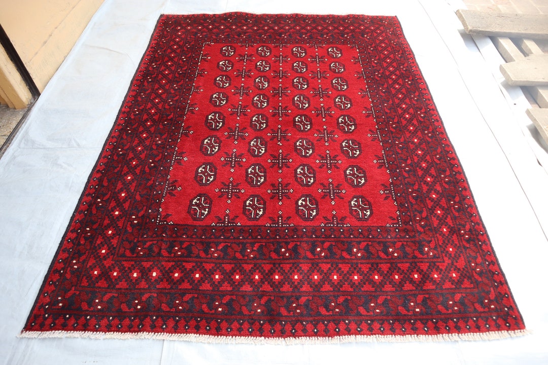 4'10x6'6 Red Bukhara Oriental Rug, Turkmen Tribal Rug, Oriental Rug ...
